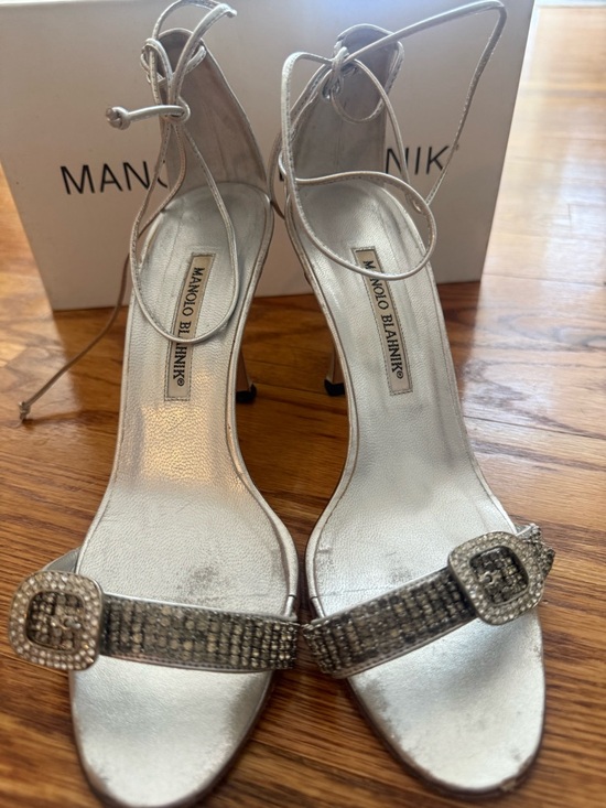 Manolo Blahnik Silver Metallic Strappy Heels with Crystal Buckles